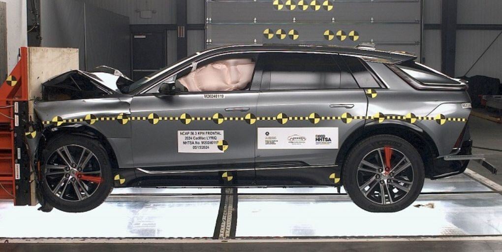 2024 Cadillac Lyriq crash test conducted by the National Highway Traffic Safety Administration. Credit: NHTSA.