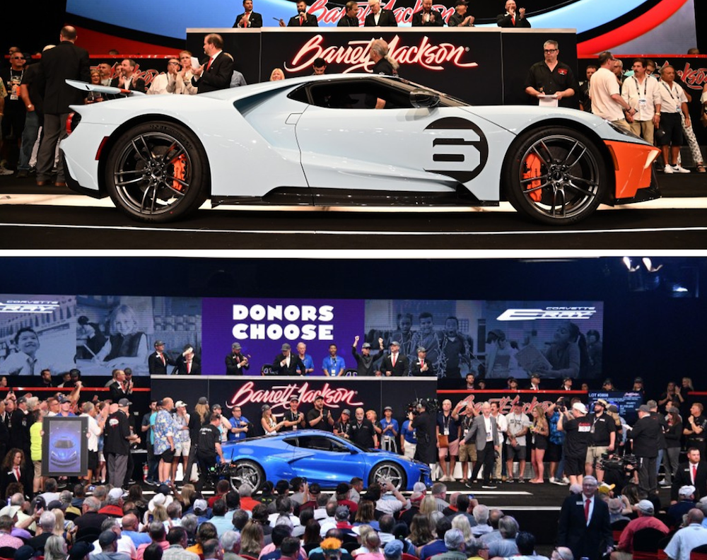 Top: 2020 Ford GT Heritage Edition. Bottom: 2024 Chevrolet Corvette E-Ray 3LZ VIN 001. Credit: Barrett-Jackson.